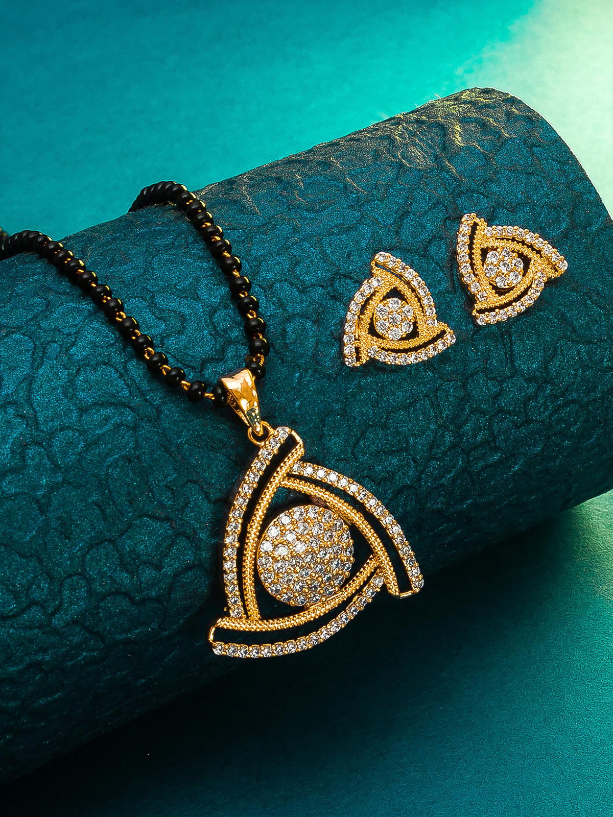 Aadita Office Wear Gold-Toned Triangular Pave Mangalsutra Set with Long Black Beads Chain and Matching Earrings