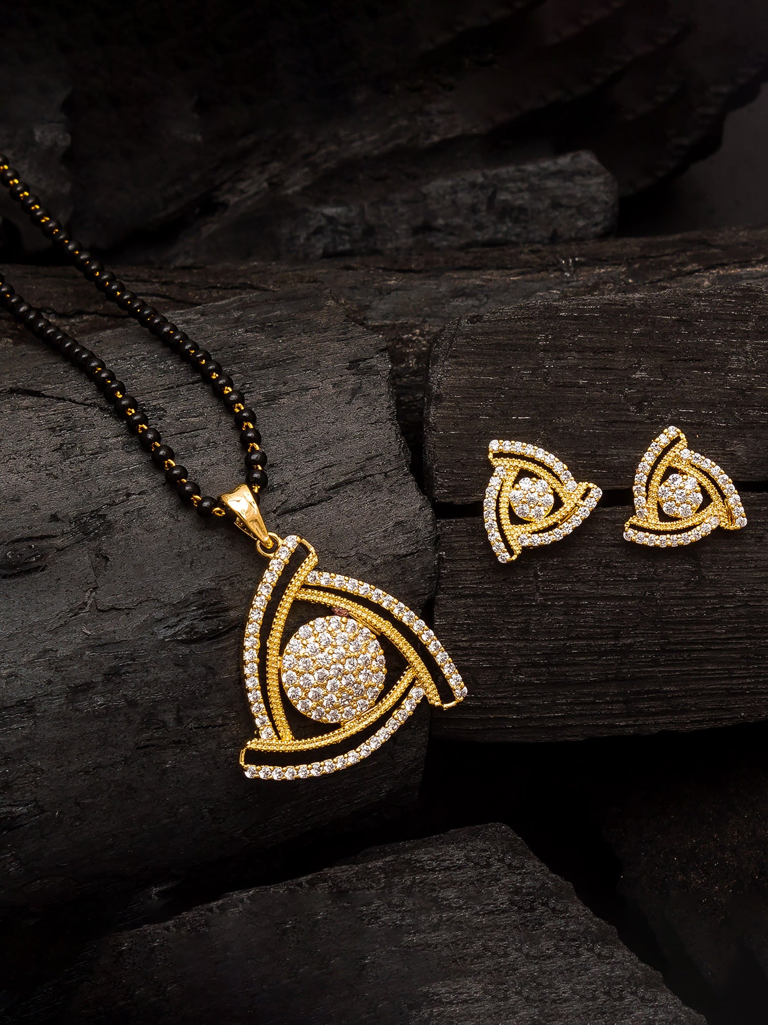 Aadita Office Wear Gold-Toned Triangular Pave Mangalsutra Set with Long Black Beads Chain and Matching Earrings