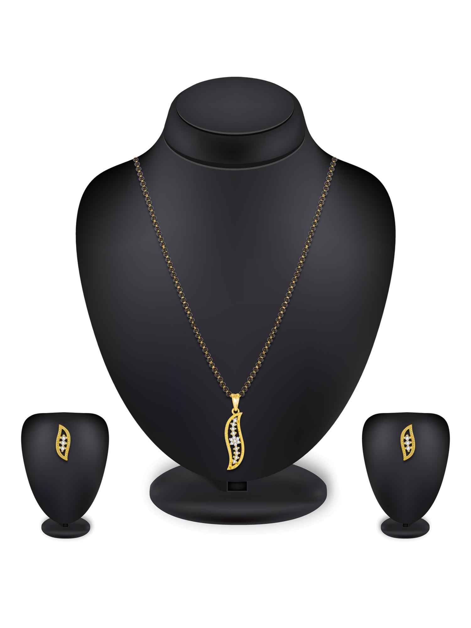 Aadita Gold-Plated AD Stone Leaf Mangalsutra Pendant Set with Black Bead Chain and Matching Earrings