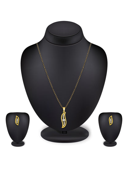 Aadita Gold-Plated AD Stone Leaf Mangalsutra Pendant Set with Black Bead Chain and Matching Earrings