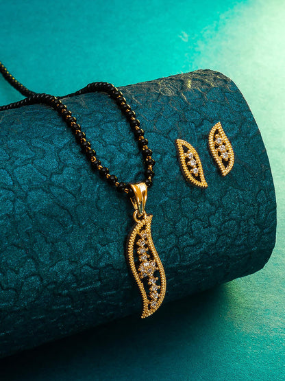 Aadita Gold-Plated AD Stone Leaf Mangalsutra Pendant Set with Black Bead Chain and Matching Earrings