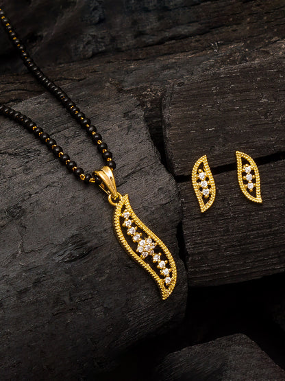 Aadita Gold-Plated AD Stone Leaf Mangalsutra Pendant Set with Black Bead Chain and Matching Earrings