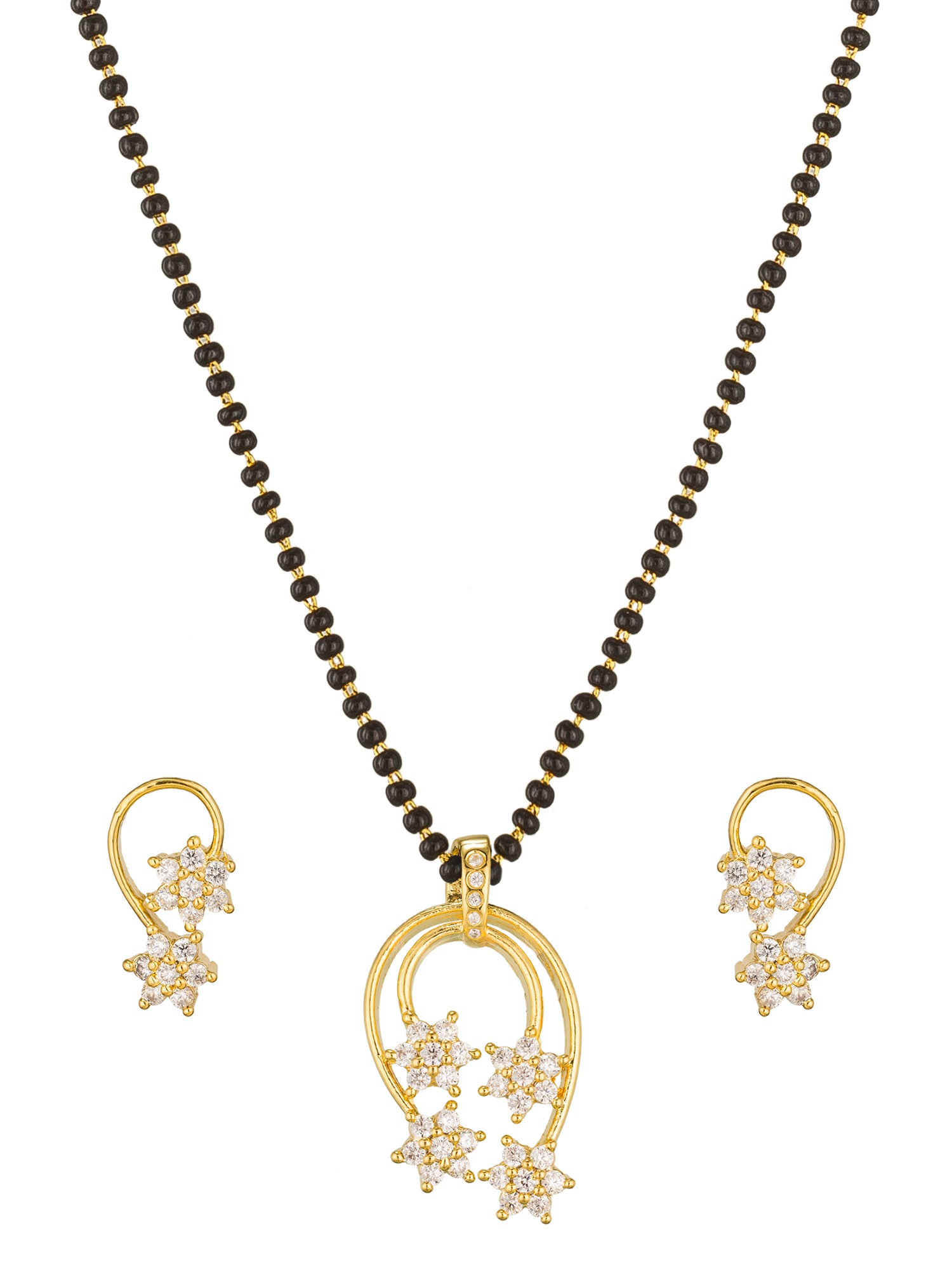 Aadita Festive Gold-Toned Teardrop Frame with Floral Cluster Mangalsutra Set and Matching Earrings