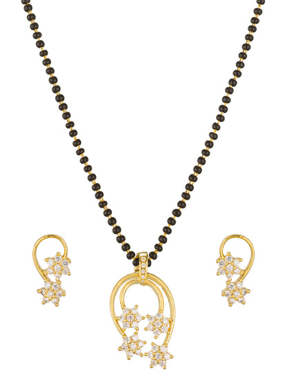 Aadita Festive Gold-Toned Teardrop Frame with Floral Cluster Mangalsutra Set and Matching Earrings
