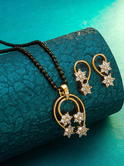 Aadita Festive Gold-Toned Teardrop Frame with Floral Cluster Mangalsutra Set and Matching Earrings