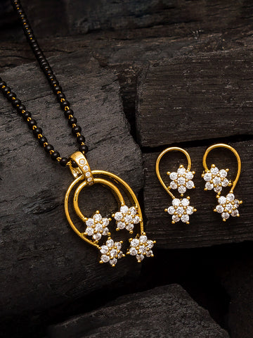 Aadita Festive Gold-Toned Teardrop Frame with Floral Cluster Mangalsutra Set and Matching Earrings