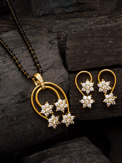 Aadita Festive Gold-Toned Teardrop Frame with Floral Cluster Mangalsutra Set and Matching Earrings