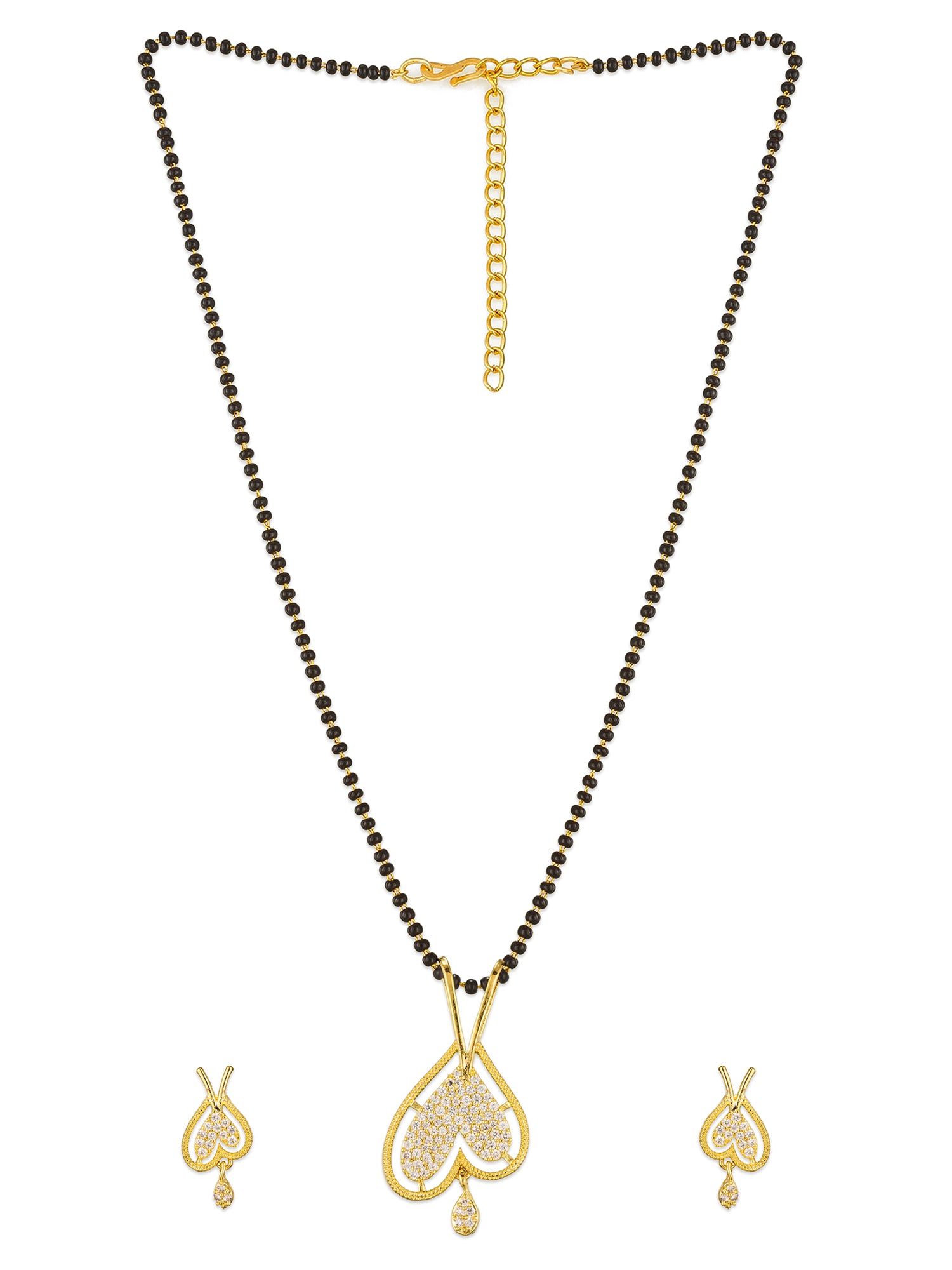Aadita Gold-Toned Double Heart Mangalsutra Set with Long Black Beads Chain and Matching Earrings For Festive