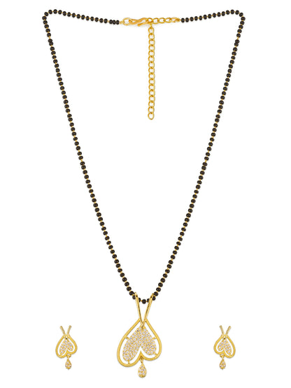 Aadita Gold-Toned Double Heart Mangalsutra Set with Long Black Beads Chain and Matching Earrings For Festive