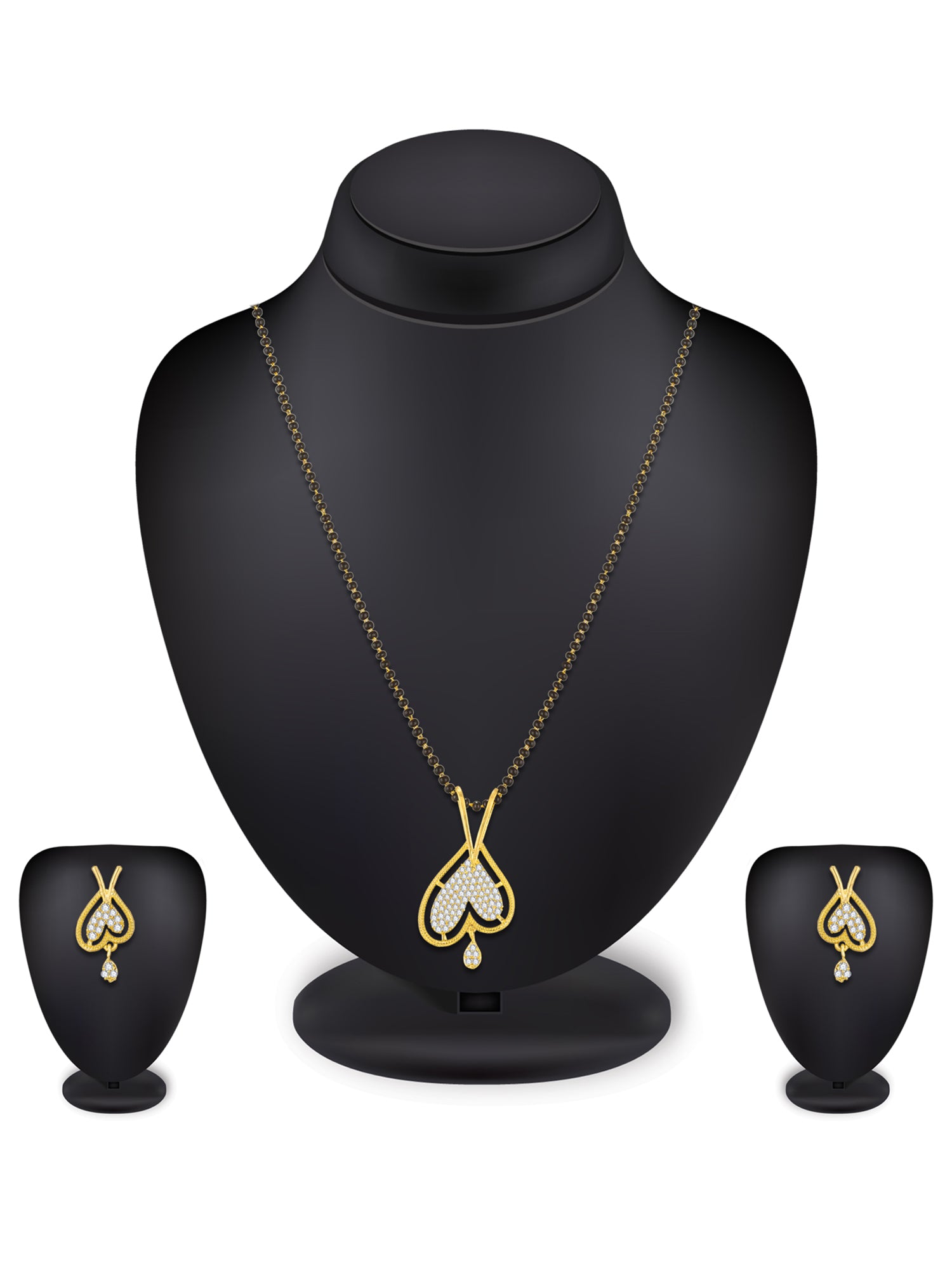 Aadita Gold-Toned Double Heart Mangalsutra Set with Long Black Beads Chain and Matching Earrings For Festive
