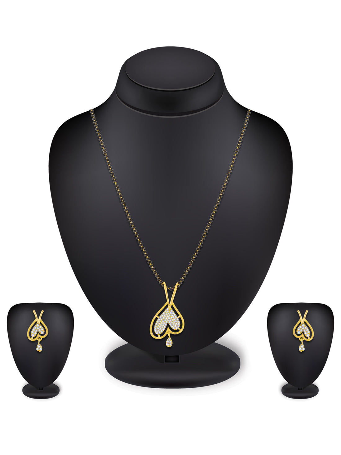 Gold-Toned Heart Mangalsutra Set with Black Beads Chain & Earrings