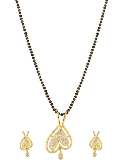 Aadita Gold-Toned Double Heart Mangalsutra Set with Long Black Beads Chain and Matching Earrings For Festive
