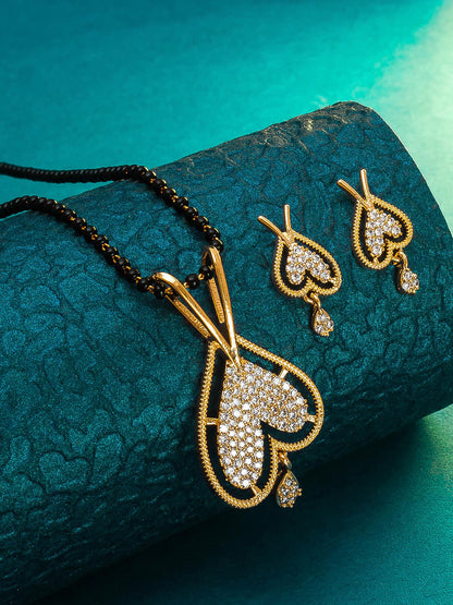 Aadita Gold-Toned Double Heart Mangalsutra Set with Long Black Beads Chain and Matching Earrings For Festive