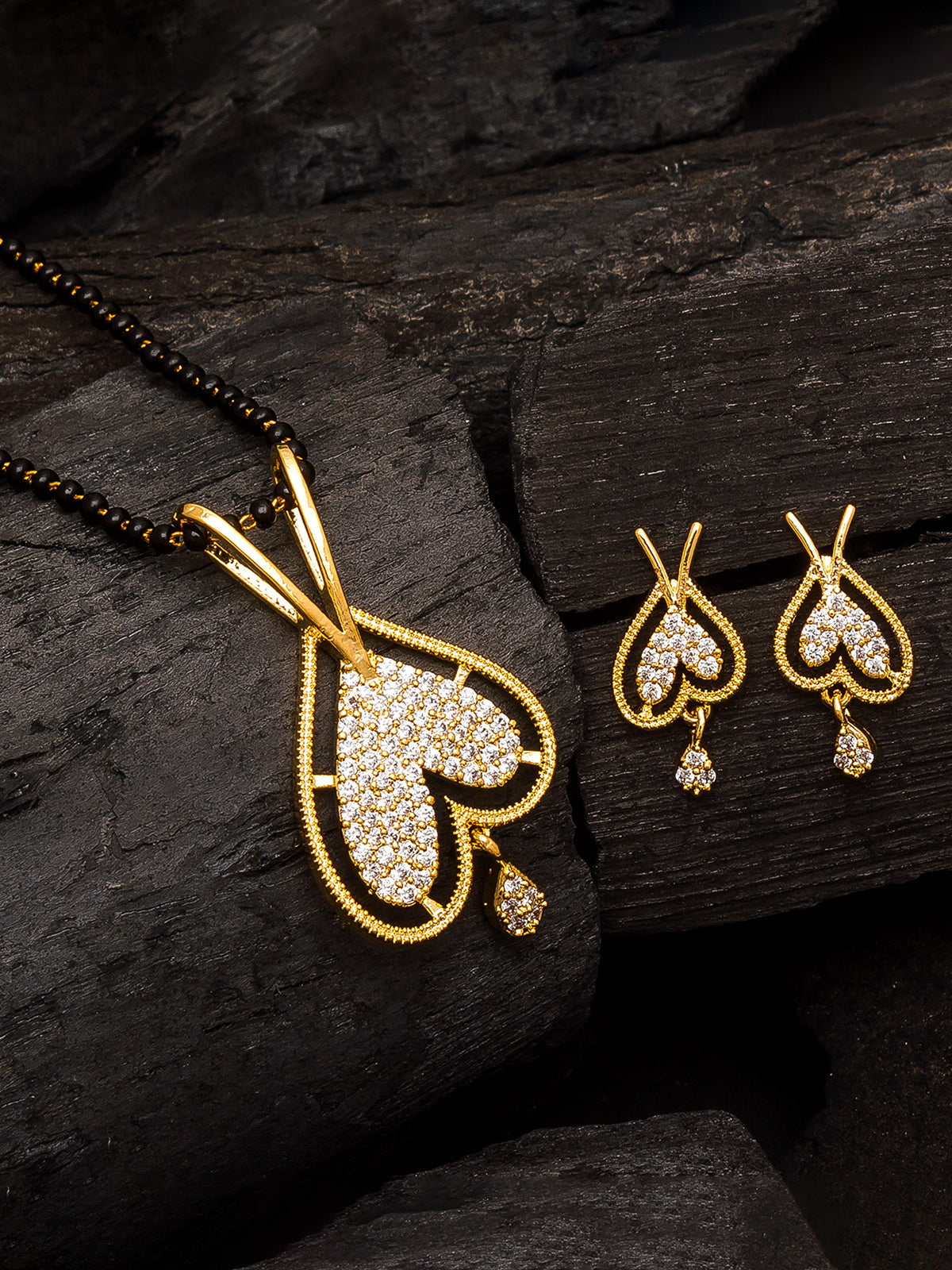 Aadita Gold-Toned Double Heart Mangalsutra Set with Long Black Beads Chain and Matching Earrings For Festive