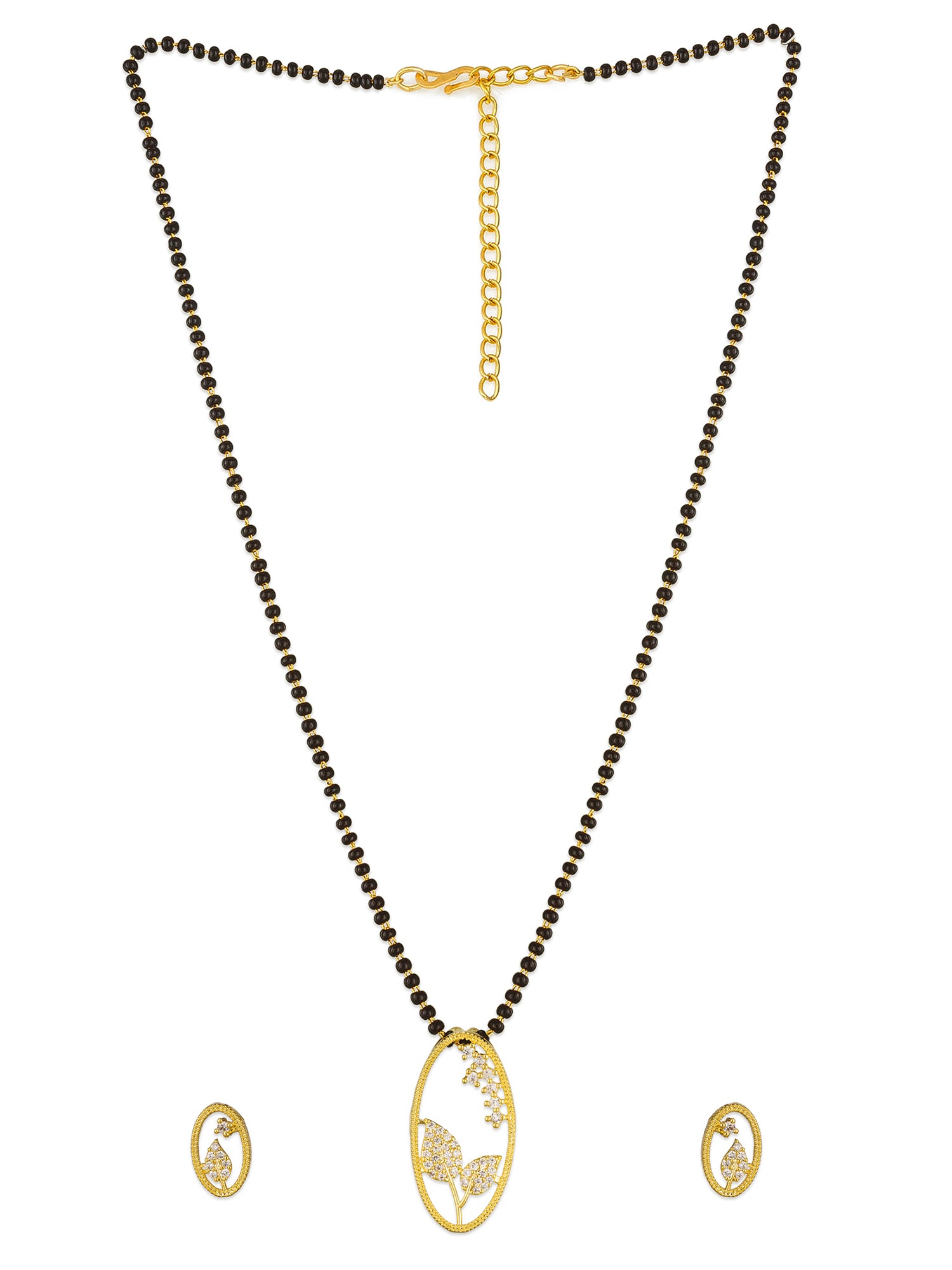 Aadita Office Wear Gold-Toned Oval Floral Mangalsutra Set with Long Black Beads Chain and Matching Earrings
