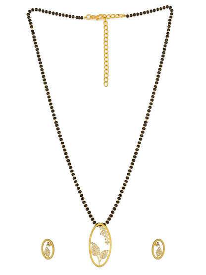 Aadita Office Wear Gold-Toned Oval Floral Mangalsutra Set with Long Black Beads Chain and Matching Earrings