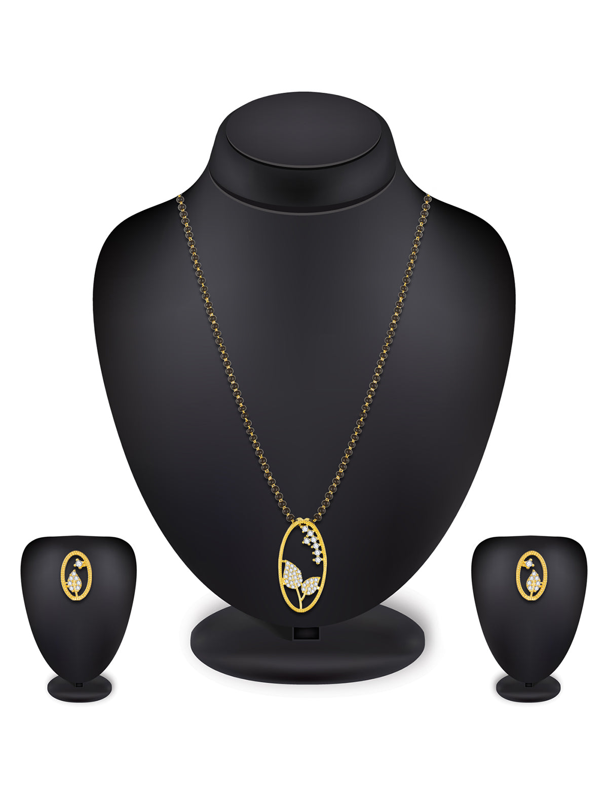 Aadita Office Wear Gold-Toned Oval Floral Mangalsutra Set with Long Black Beads Chain and Matching Earrings