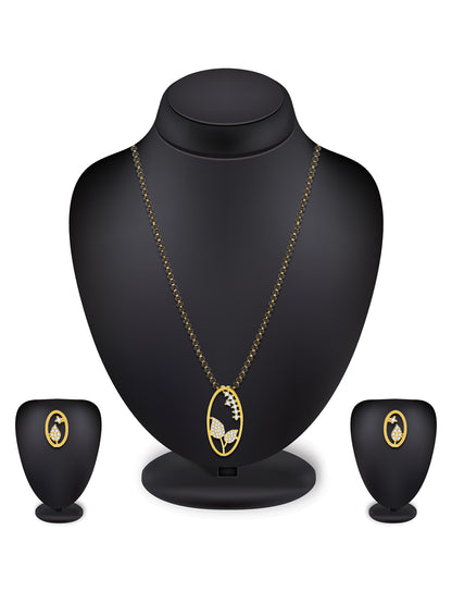 Aadita Office Wear Gold-Toned Oval Floral Mangalsutra Set with Long Black Beads Chain and Matching Earrings