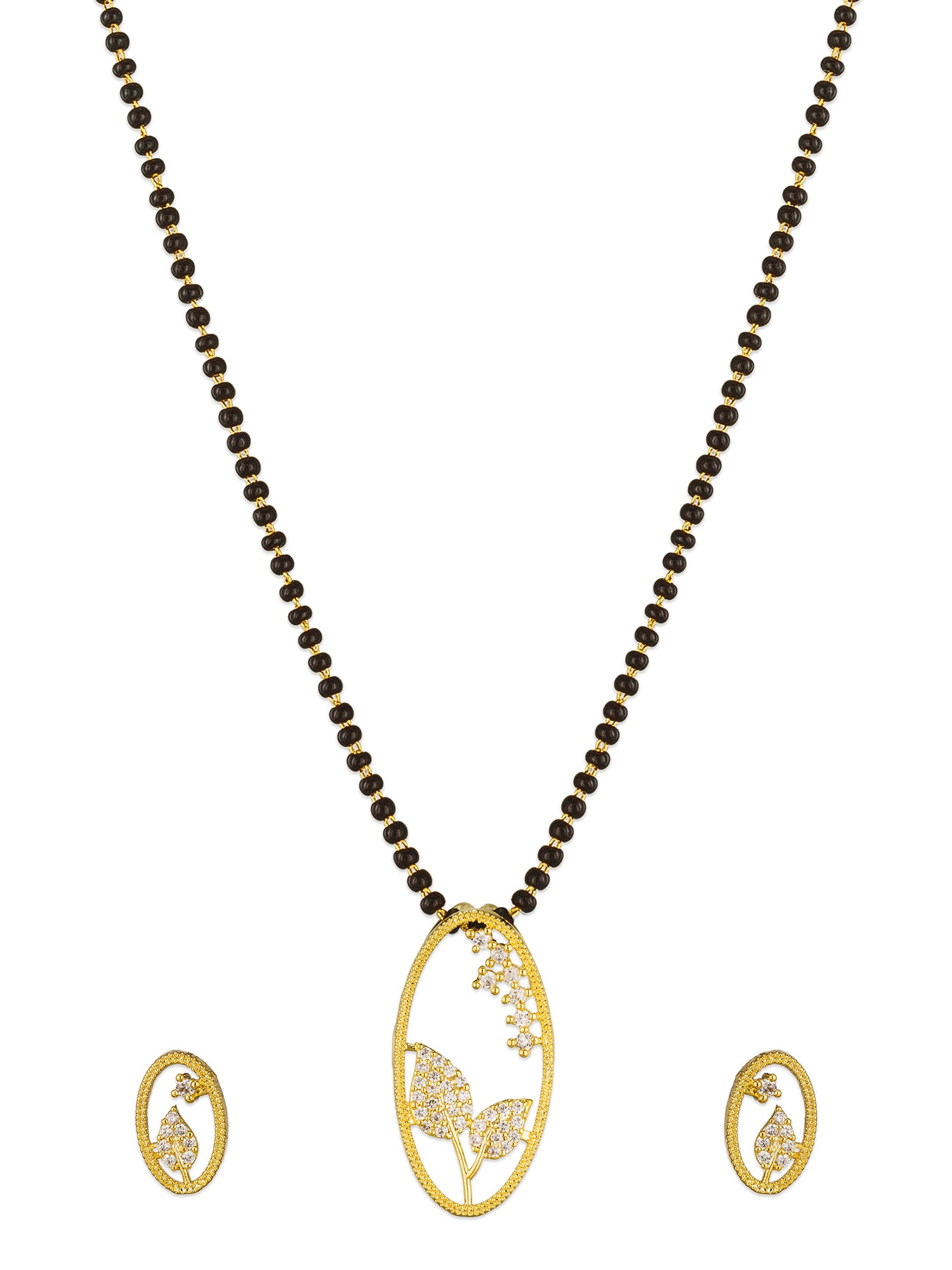 Aadita Office Wear Gold-Toned Oval Floral Mangalsutra Set with Long Black Beads Chain and Matching Earrings