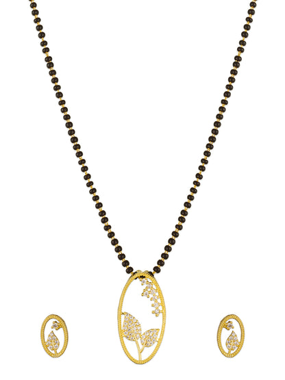 Aadita Office Wear Gold-Toned Oval Floral Mangalsutra Set with Long Black Beads Chain and Matching Earrings