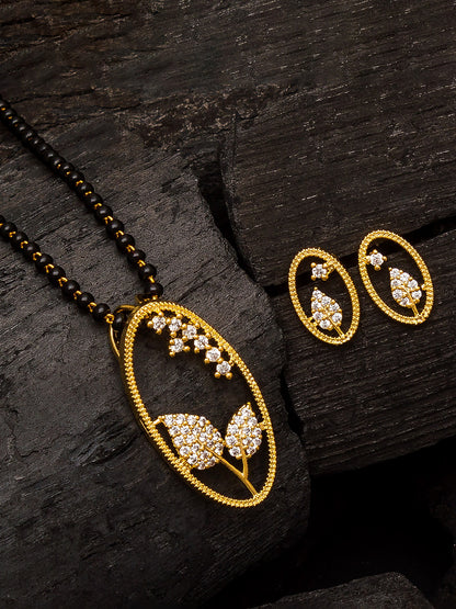 Aadita Office Wear Gold-Toned Oval Floral Mangalsutra Set with Long Black Beads Chain and Matching Earrings