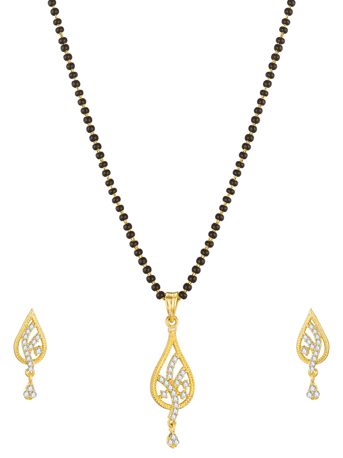 Aadita Office Wear Gold-Toned AD Stone Mangalsutra Set with Leaf Pendant and Matching Earrings