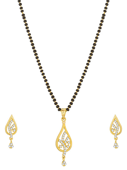 Aadita Office Wear Gold-Toned AD Stone Mangalsutra Set with Leaf Pendant and Matching Earrings