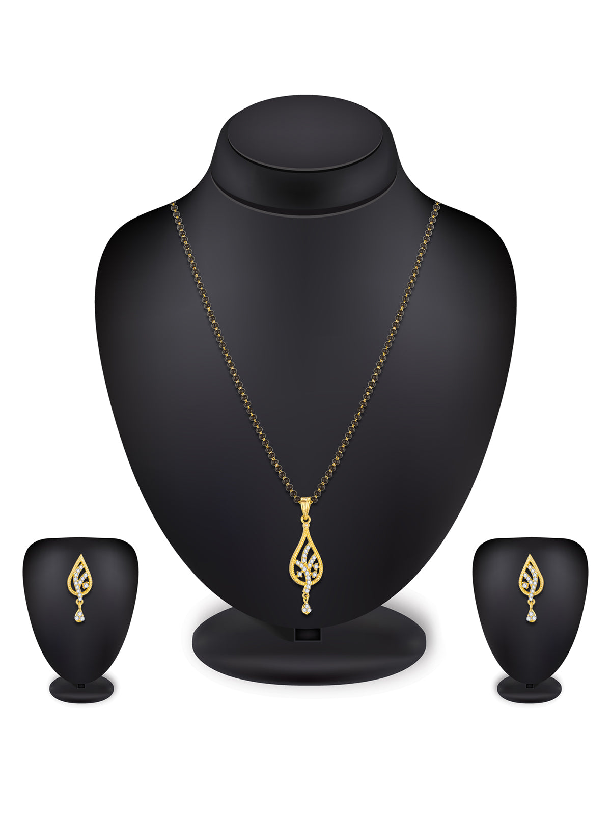 Aadita Office Wear Gold-Toned AD Stone Mangalsutra Set with Leaf Pendant and Matching Earrings