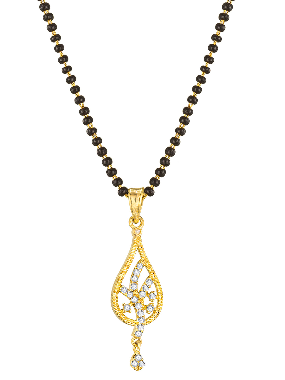 Aadita Office Wear Gold-Toned AD Stone Mangalsutra Set with Leaf Pendant and Matching Earrings