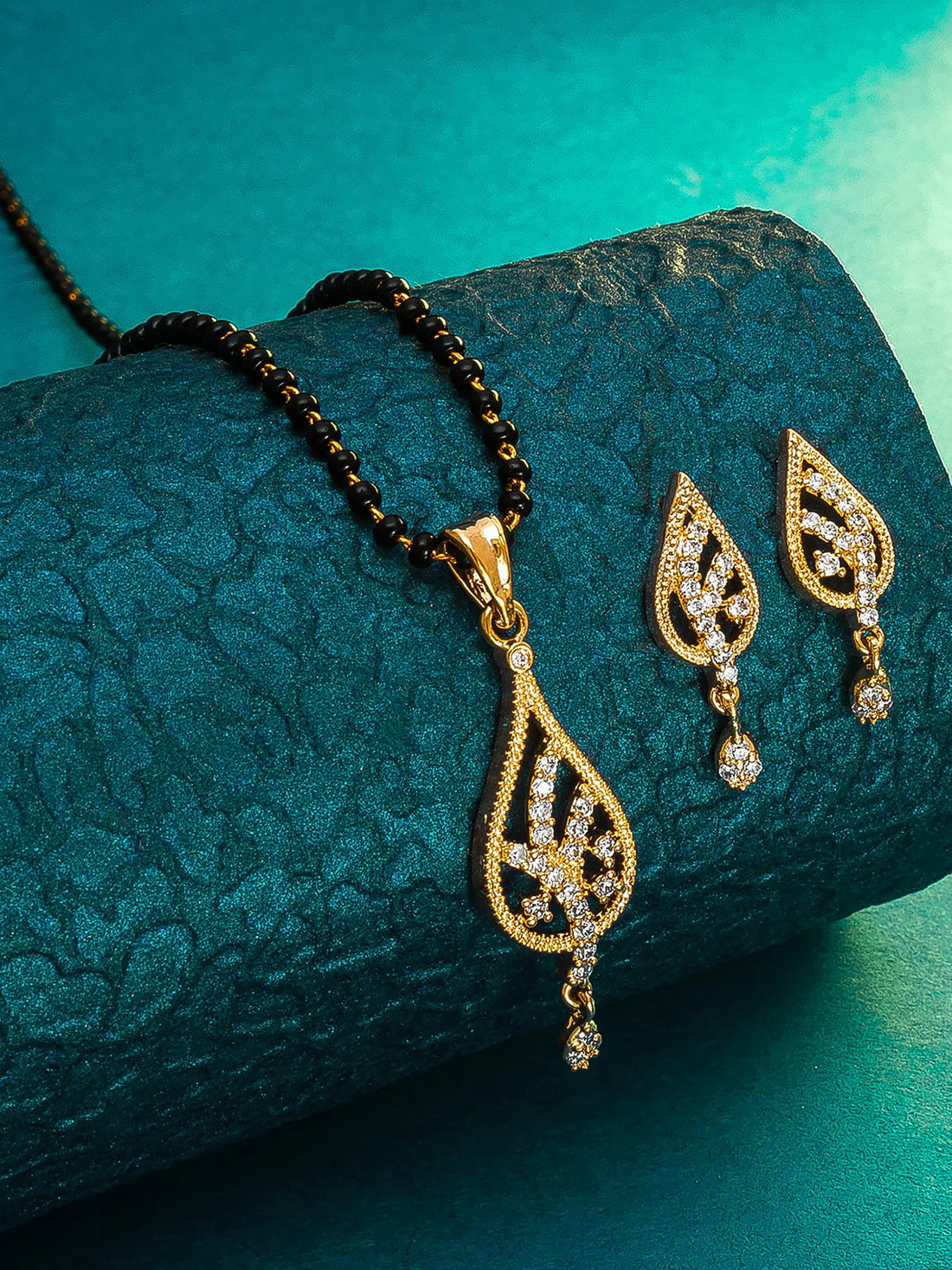 Office Wear Gold-Toned AD Stone Mangalsutra with Pendant & Earrings