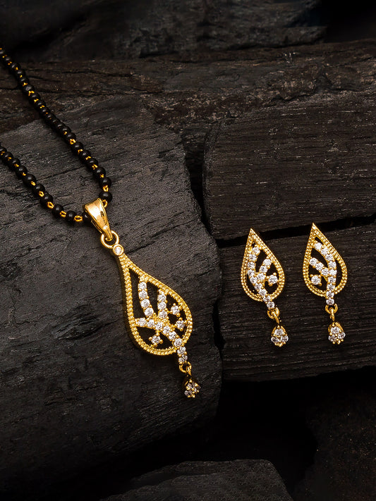 Aadita Office Wear Gold-Toned AD Stone Mangalsutra Set with Leaf Pendant and Matching Earrings
