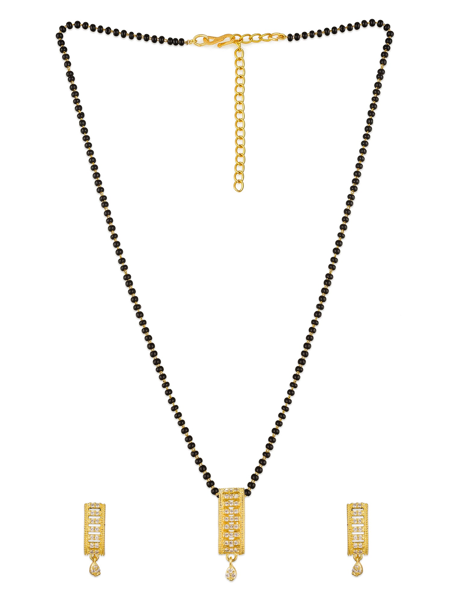 Aadita Office Wear Gold-Toned Rectangular Bar Mangalsutra Set with Long Black Beads Chain and Matching Earrings