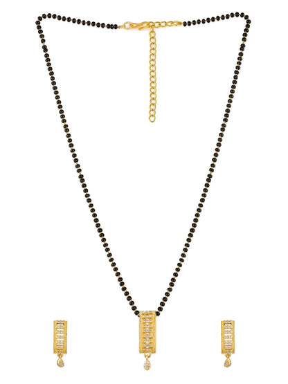 Aadita Office Wear Gold-Toned Rectangular Bar Mangalsutra Set with Long Black Beads Chain and Matching Earrings