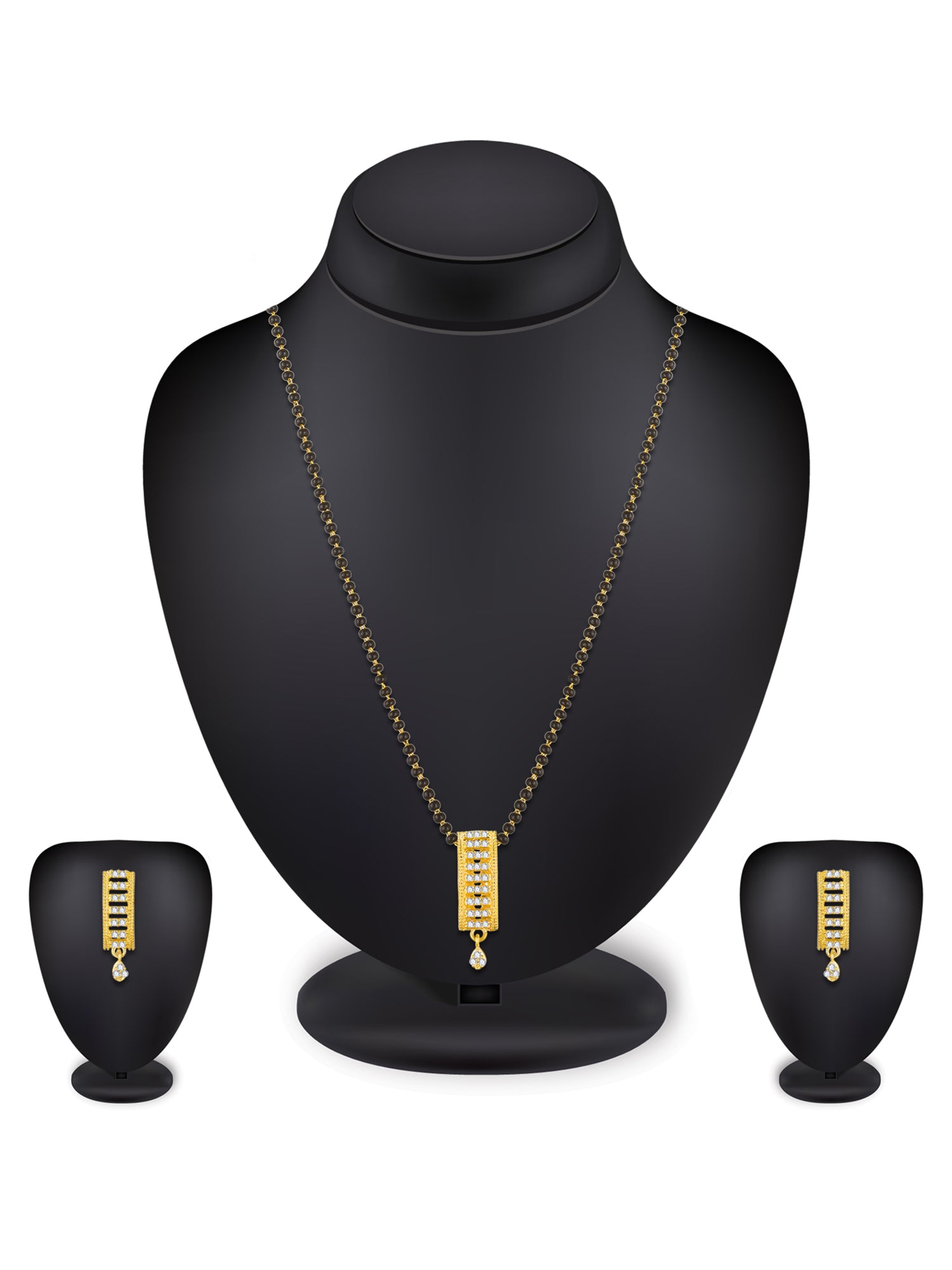 Aadita Office Wear Gold-Toned Rectangular Bar Mangalsutra Set with Long Black Beads Chain and Matching Earrings
