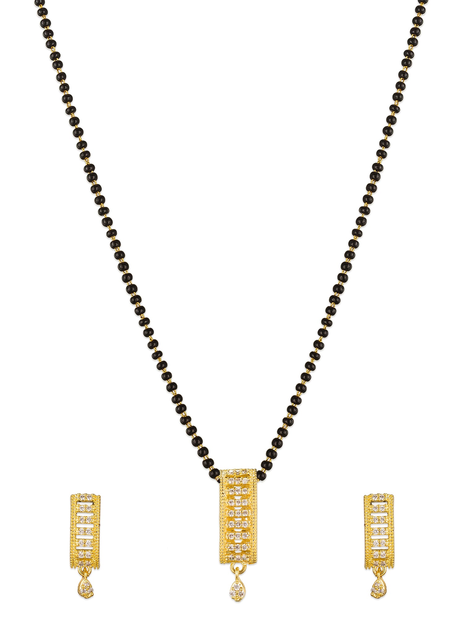 Aadita Office Wear Gold-Toned Rectangular Bar Mangalsutra Set with Long Black Beads Chain and Matching Earrings