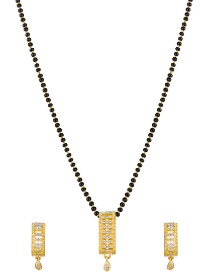 Aadita Office Wear Gold-Toned Rectangular Bar Mangalsutra Set with Long Black Beads Chain and Matching Earrings