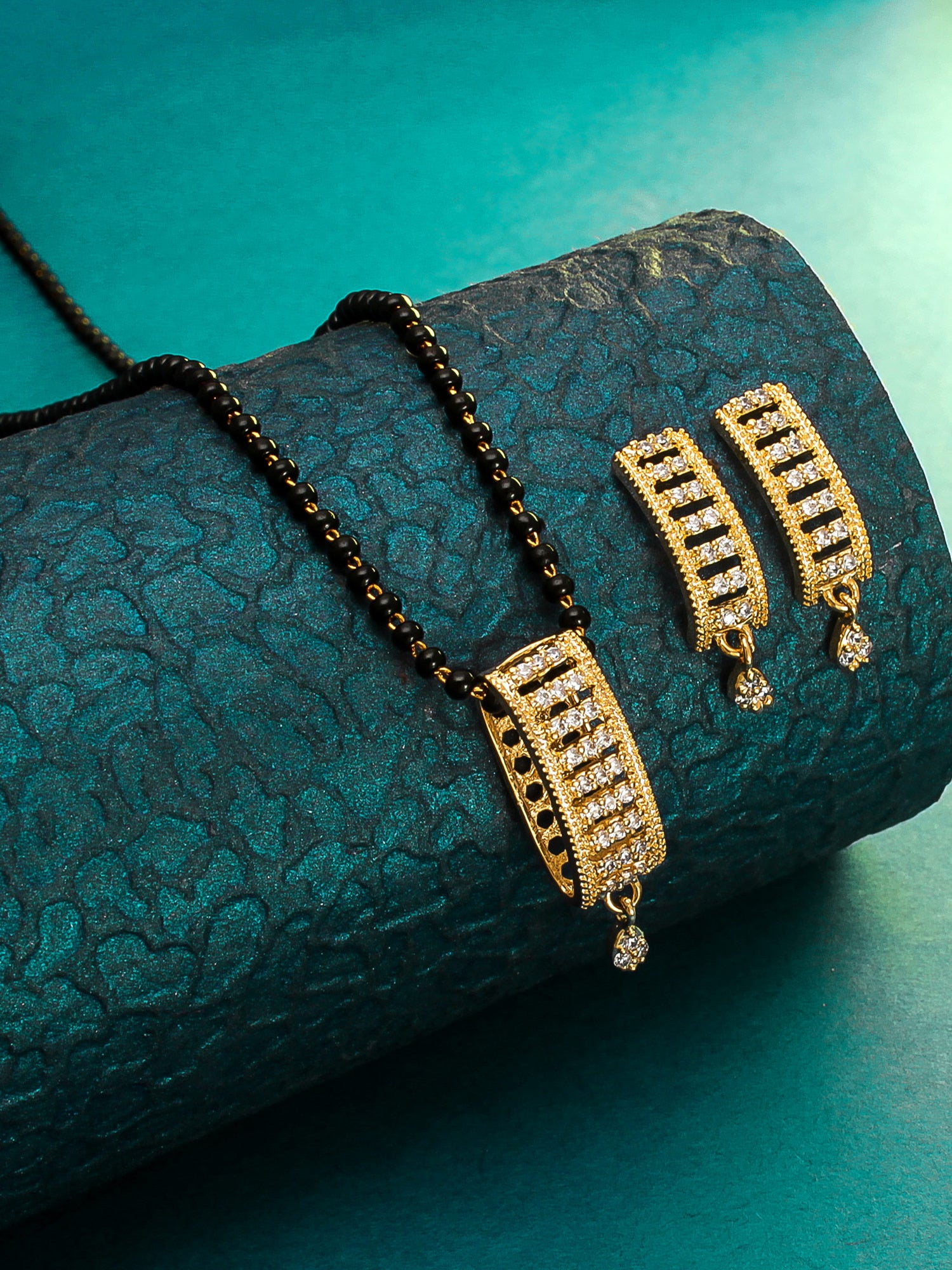 Aadita Office Wear Gold-Toned Rectangular Bar Mangalsutra Set with Long Black Beads Chain and Matching Earrings