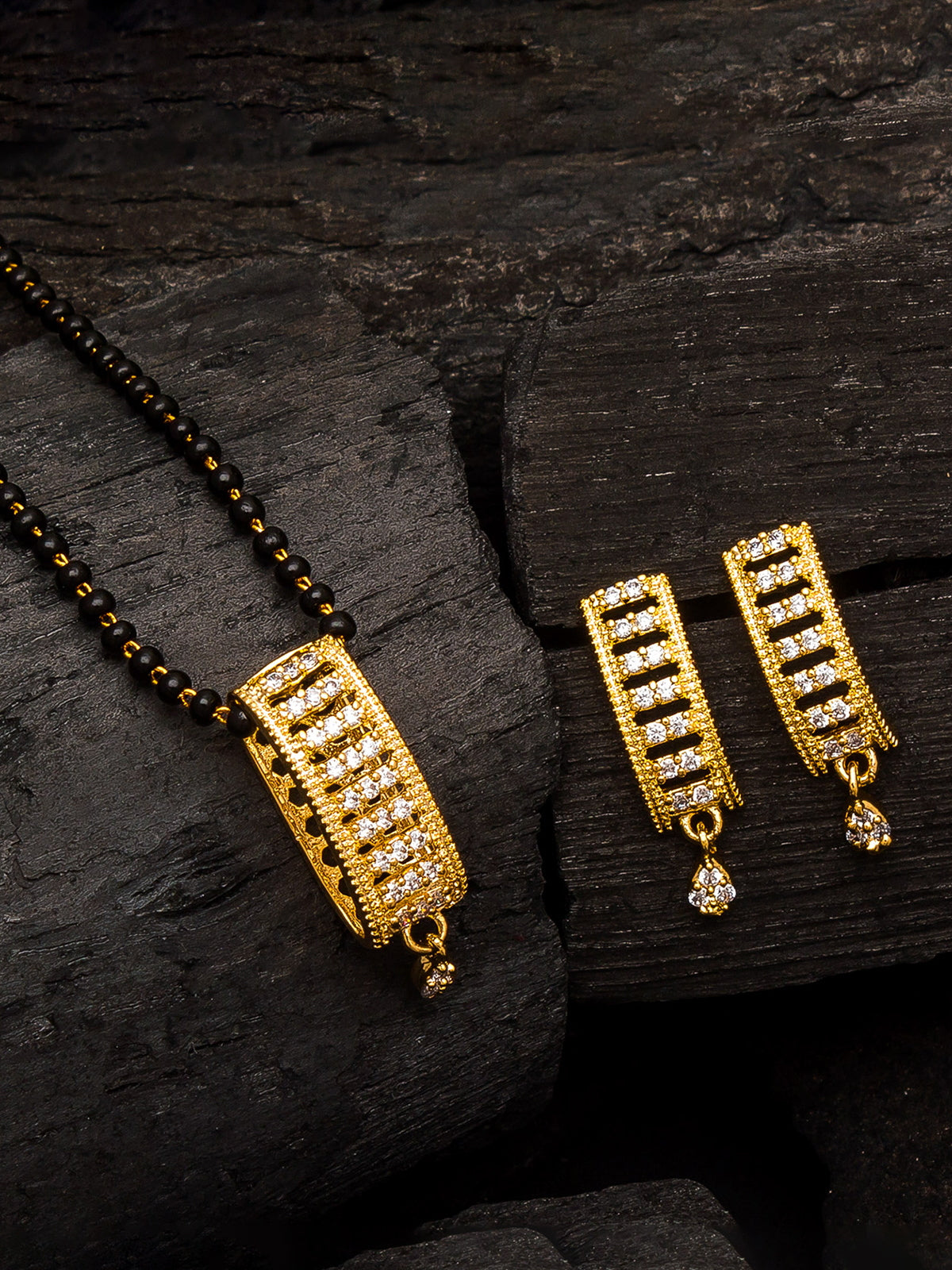 Aadita Office Wear Gold-Toned Rectangular Bar Mangalsutra Set with Long Black Beads Chain and Matching Earrings