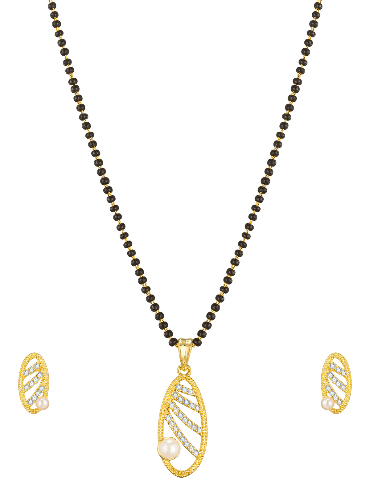 Aadita Festive Wear Gold-Toned Oval Cutwork and Pearl Mangalsutra Set with Black Beads Chain and Matching Earrings