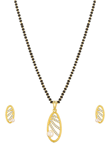 Aadita Festive Wear Gold-Toned Oval Cutwork and Pearl Mangalsutra Set with Black Beads Chain and Matching Earrings