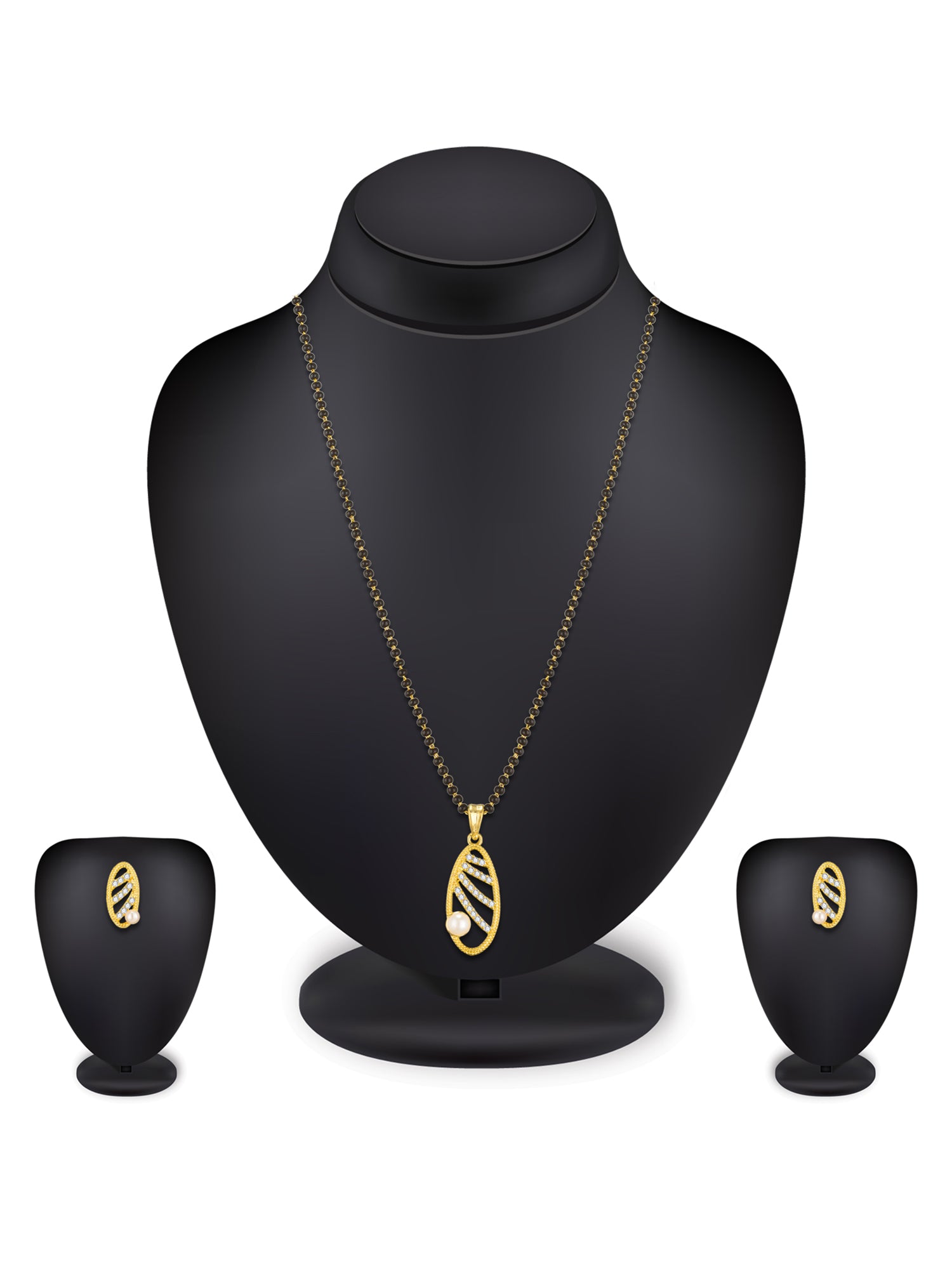 Aadita Festive Wear Gold-Toned Oval Cutwork and Pearl Mangalsutra Set with Black Beads Chain and Matching Earrings