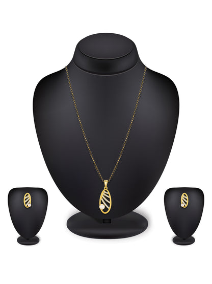 Aadita Festive Wear Gold-Toned Oval Cutwork and Pearl Mangalsutra Set with Black Beads Chain and Matching Earrings