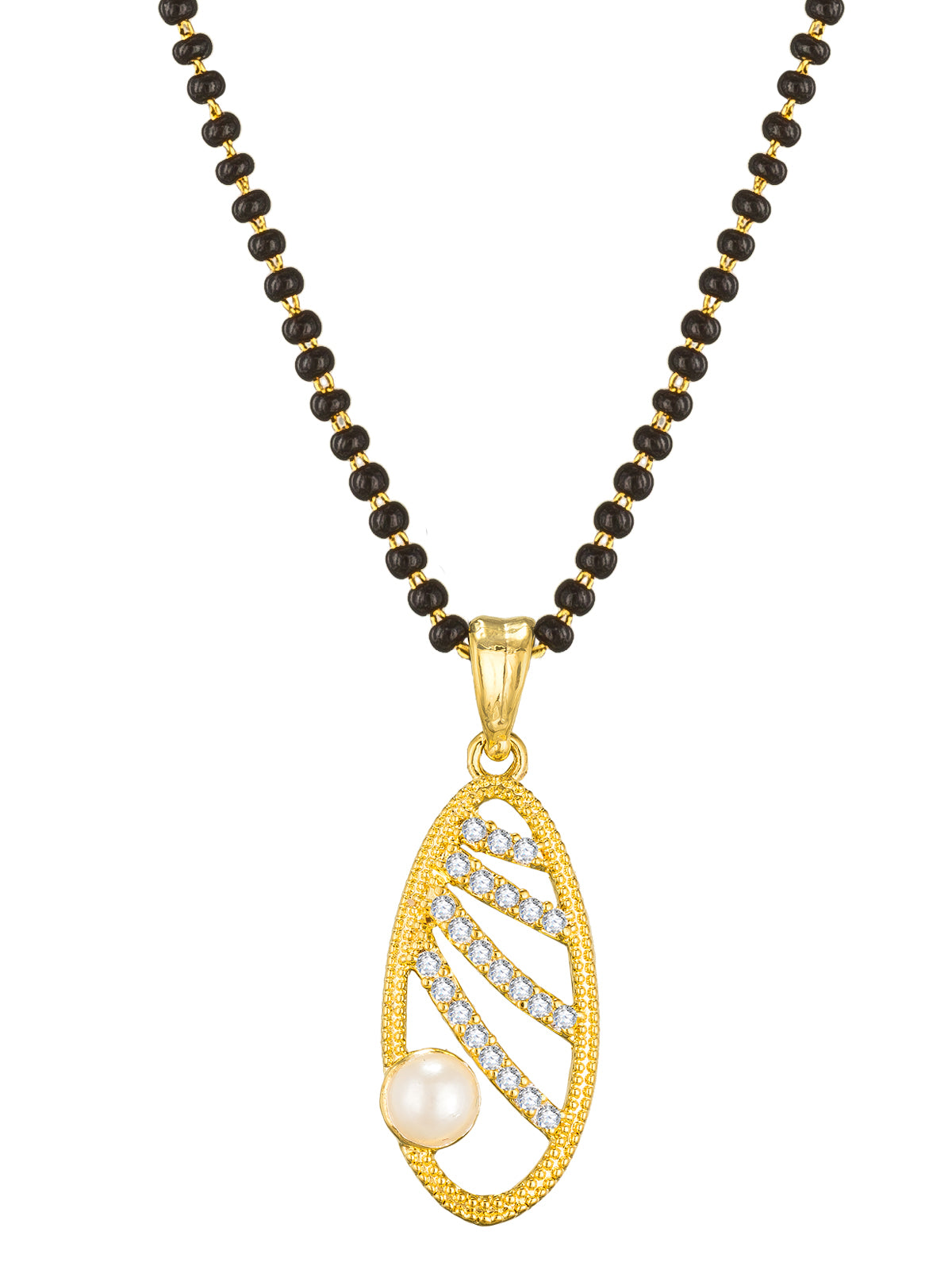 Aadita Festive Wear Gold-Toned Oval Cutwork and Pearl Mangalsutra Set with Black Beads Chain and Matching Earrings