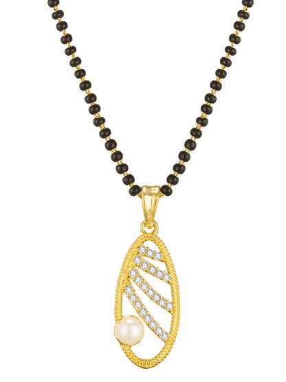 Aadita Festive Wear Gold-Toned Oval Cutwork and Pearl Mangalsutra Set with Black Beads Chain and Matching Earrings