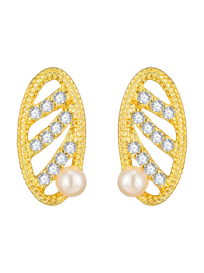 Aadita Festive Wear Gold-Toned Oval Cutwork and Pearl Mangalsutra Set with Black Beads Chain and Matching Earrings