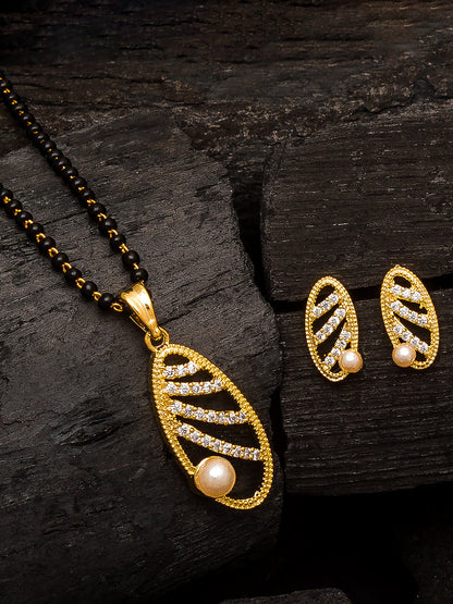Aadita Festive Wear Gold-Toned Oval Cutwork and Pearl Mangalsutra Set with Black Beads Chain and Matching Earrings