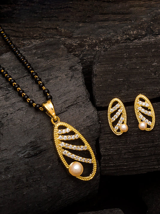 Aadita Festive Wear Gold-Toned Oval Cutwork and Pearl Mangalsutra Set with Black Beads Chain and Matching Earrings