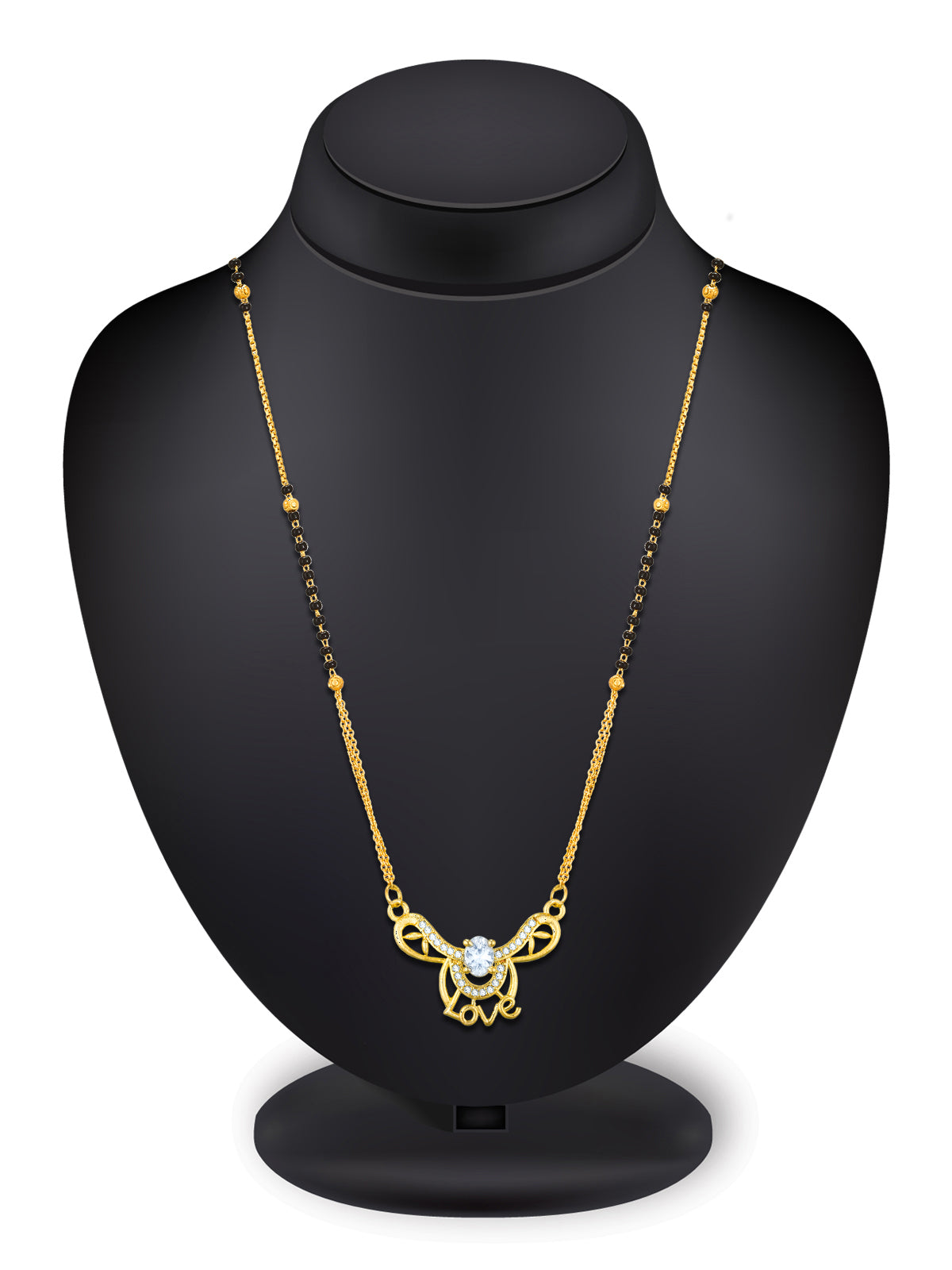 Aadita Festive Gold-Toned Black Bead Mangalsutra with AD Love Script Pendant