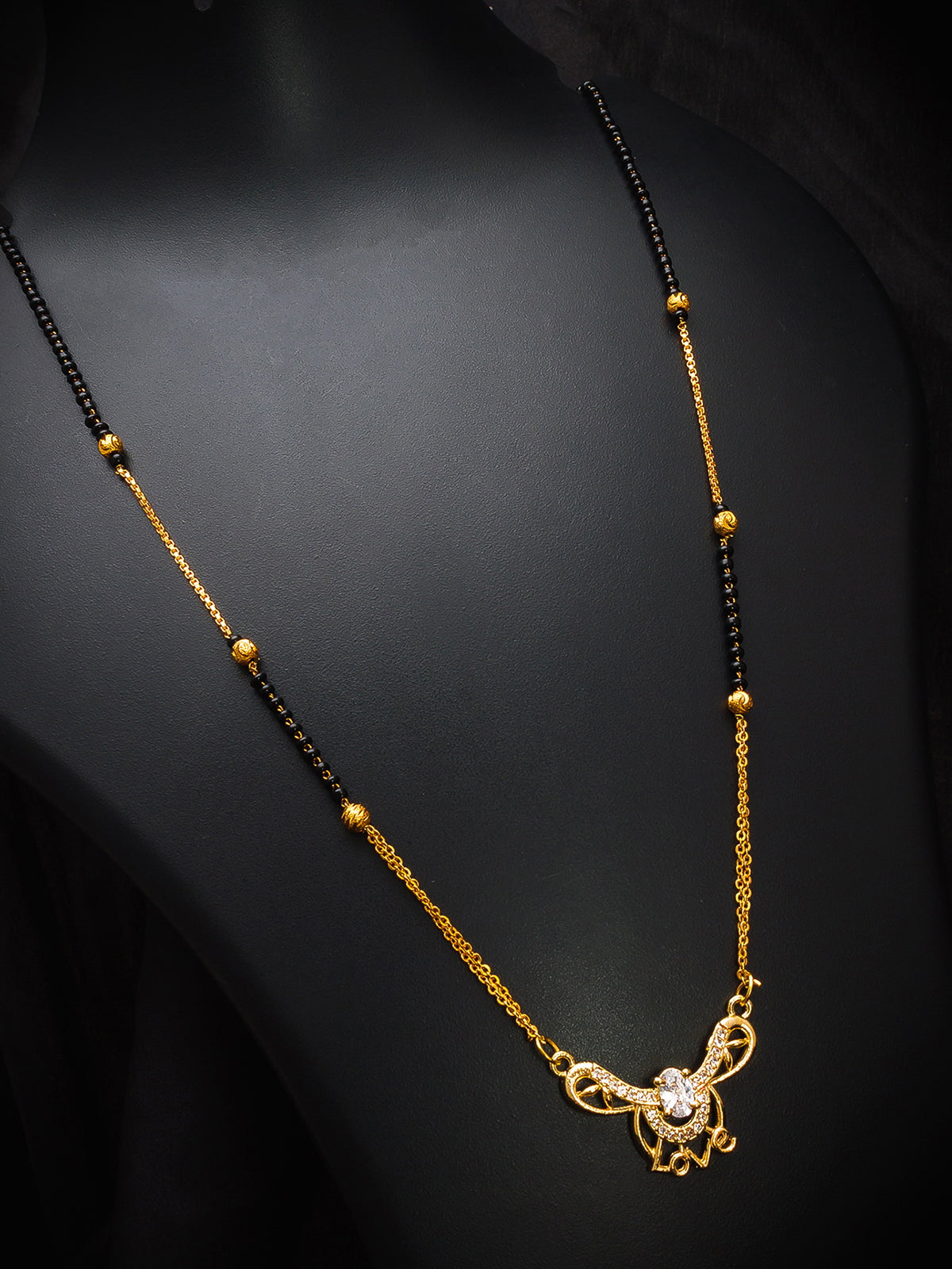 Aadita Festive Gold-Toned Black Bead Mangalsutra with AD Love Script Pendant