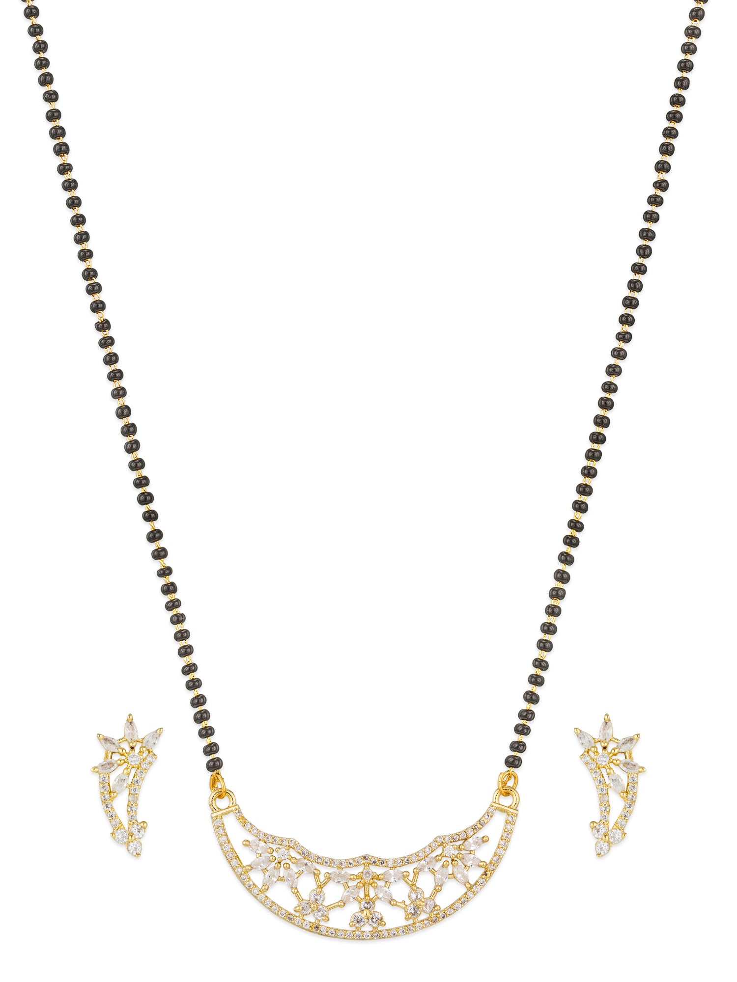 Aadita Festive Gold-Toned AD Stone Mangalsutra Set with Crescent Pendant and Black Bead Chain